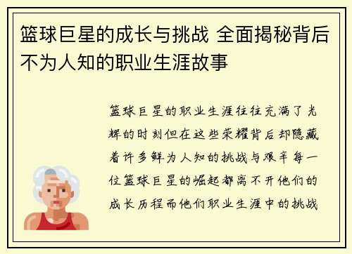 篮球巨星的成长与挑战 全面揭秘背后不为人知的职业生涯故事
